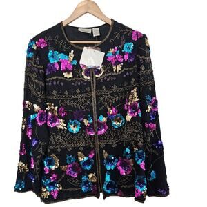 Vintage Silk Blazer Womens Sz Large Black Beaded 90s Floral Glam Elegant Evening
